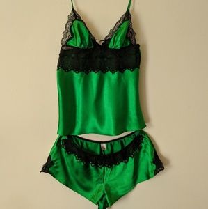 NEW Emerald Green Silk w Black Lace Lingerie Set